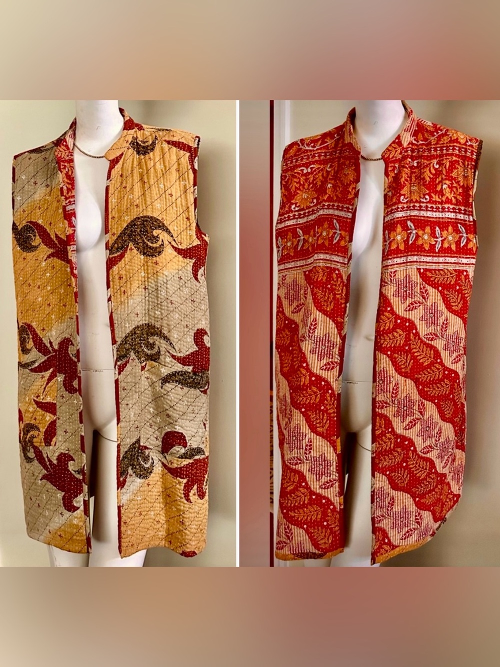 🌕 KANTHA Cotton Block Print Reversible Thigh-length Vest Kimono anokhi